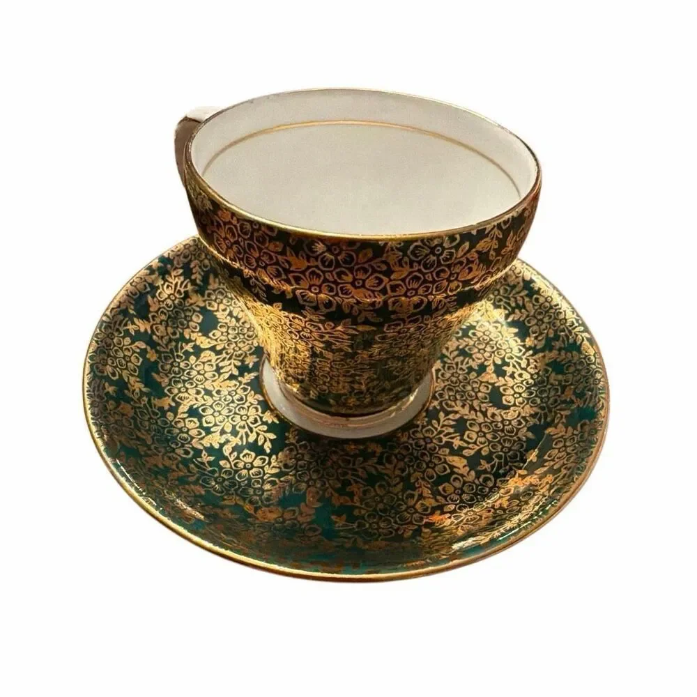 Royal Grafton-bone China-teacup, saucer porcelain Dark green gold floral design
